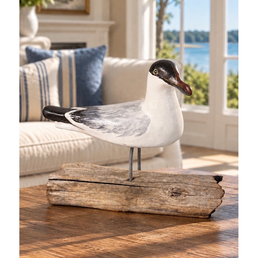 Vintage Laughing Gull Shorebird Sculpture Driftwood Base Coastal Folk Art 12"